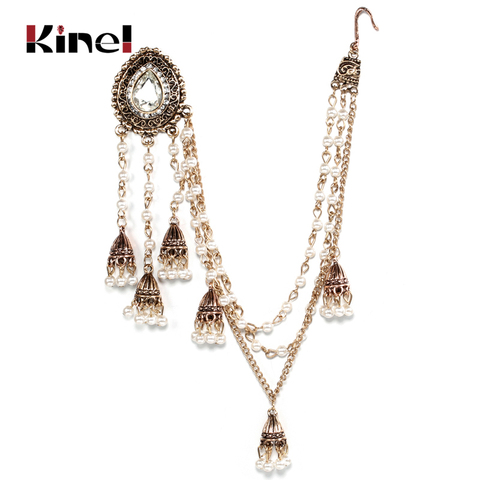 Kinel-boucles d'oreilles indiennes, lien, coiffure, Bijoux faits à la main, chaîne en perles avec pendentif en métal, couleur or Antique, Bijoux de mariée, à la mode ► Photo 1/6