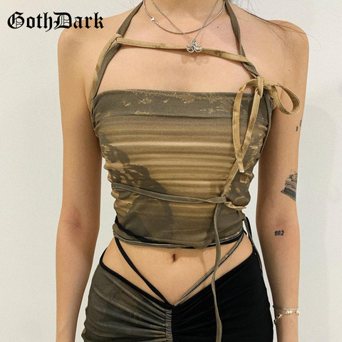 Goth foncé Punk gothique Camis Grunge à lacets épaules dénudées femmes recadrée hauts Hip Hop moulante sans manches vintage imprimé 90s Streetwear ► Photo 1/6