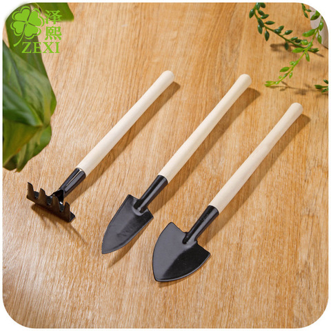 Mini outils de jardin portables, pelle à tête en métal, râteau, pelle, ensemble d'outils de jardinage pour la maison, balcon, ensemble d'outils à manche en bois, 3 pièces ► Photo 1/6