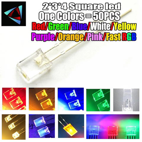 50pcs 2*3*4 carré led rouge diodes électroluminescentes rouge blanc bleu vert jaune violet chaud ► Photo 1/1