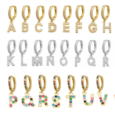 Boucles d'oreilles en forme de petit cercle pour femmes, A-Z lettres, couleur or argent, arc-en-ciel, zircone cubique, bijoux Aretes, alphabet ABC, 1 pièce ► Photo 1/5