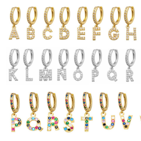 Boucles d'oreilles en forme de petit cercle pour femmes, A-Z lettres, couleur or argent, arc-en-ciel, zircone cubique, bijoux Aretes, alphabet ABC, 1 pièce ► Photo 1/5