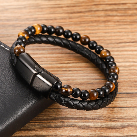 Bracelet à perles en cuir pour hommes, corde en acier inoxydable, pierre naturelle et magnétique, bracelet en pierre volcanique, chaîne cadeau ► Photo 1/6
