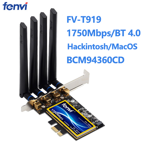 Fenvi-adaptateur réseau PCIe T919 802.11ac, 1750/5 ghz, 4.0 mb/s, avec Bluetooth 2.4 (BCM94360CD), MacOS Hackintosh, carte sans fil ordinateur de bureau ► Photo 1/6