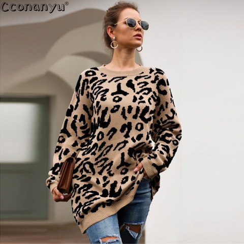 Pull long imprimé léopard pour femme, ample, à la mode, tricoté, collection automne hiver 2022 ► Photo 1/6