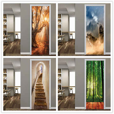 PVC chambre porte papier peint loup rugissement affiche auto-adhésif bois porte autocollants décor à la maison décalcomanie S Mural deursticker voor woonkamer ► Photo 1/6