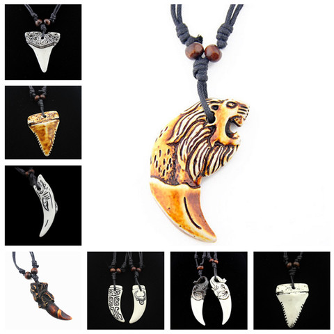 Hot! Pendentif en os de Yak pour hommes, fausse dent de requin sculptée, dents de loup, breloques, collier amulette, cadeau Cool ► Photo 1/6