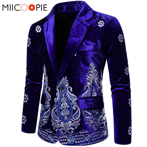 Bleu velours hommes Blazer fleuri luxe argent fil broderie bouton unique costumes de Mariage pour hommes Social Veste Mariage Homme ► Photo 1/6