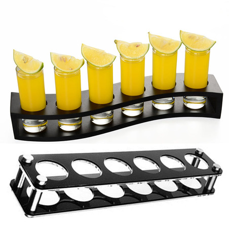 En bois/Tir Acrylique Support En Verre Présentoir À Vin Boissons Tasse Stockage Transporteur Vol Dégustation Plateau de service Simple Rangée 6 trous ► Photo 1/6