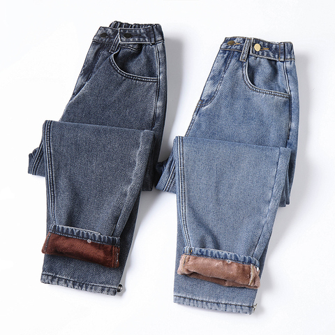 2022 hiver nouveau femmes polaire chaud jean grande taille 4XL 5XL vieux pantalon rétro bleu gris épaissir décontracté Denim étudiant pantalon ► Photo 1/6