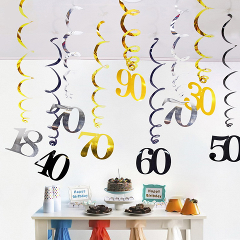 Spirale pour anniversaire, 6 pièces par paquet de 6 pièces, ornements suspendus pour anniversaire, décor pour anniversaire, noir or argent ► Photo 1/6