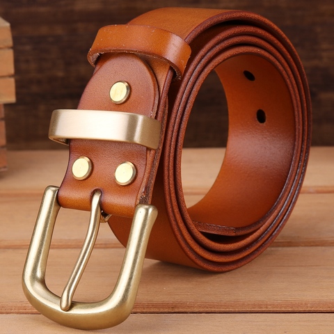 Ceinture à tannage végétal chameau pour hommes, boucle en laiton massif, de luxe, à grain complet, en cuir véritable, pour jeans cowboy, 140 130cm ► Photo 1/1