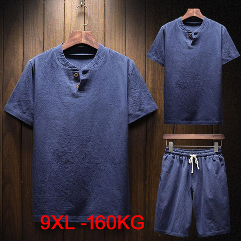 Grande taille 7XL 8XL 9XL hommes à manches courtes coton lin T-shirt et shorts japon style été surdimensionné vintage T-shirt col en v t-shirts ► Photo 1/6