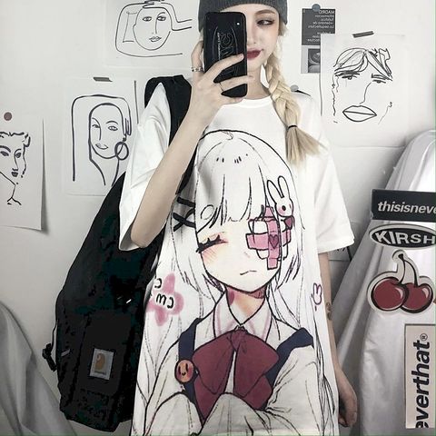 T-shirt col rond femme, estival et à la mode, avec image imprimée d'un anime fille, style coréen ► Photo 1/6