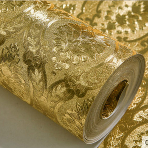 Rouleau de papier peint doré de luxe relief damask, motif brillant or pailleté idéal pour chambre à coucher, séjour ► Photo 1/2