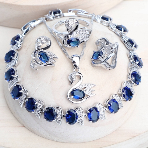 Ensembles de bijoux de mariée pour femmes à la mode pour 925 argent Sterling bleu zircon cubique boucles d'oreilles de mariage anneaux Bracelets pendentif collier ► Photo 1/6