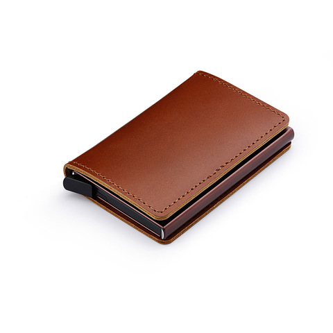 Porte-cartes en cuir véritable marron pour hommes, petit porte-cartes de crédit en métal avec Mini carte RFID ► Photo 1/6