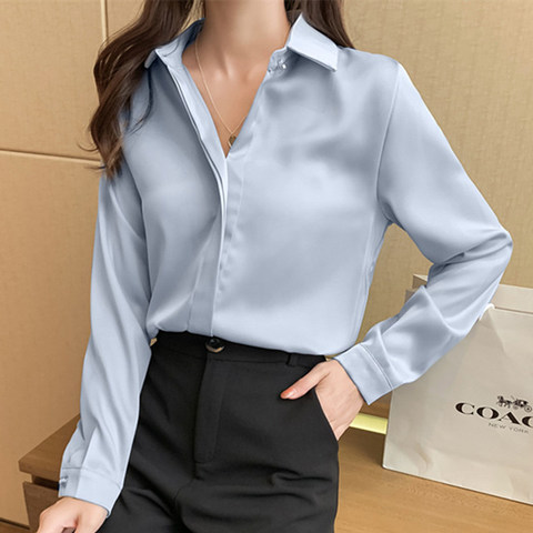 Chemises en soie femmes Satin Blouse pour femmes à manches longues chemises bureau dame soie chemise blanche femme solide Blouse hauts grande taille XXL ► Photo 1/6