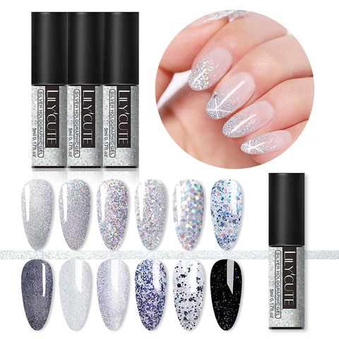 LILYCUTE 5ml argent paillettes couleur série Gel vernis à ongles paillettes brillant Semi Permanent tremper Gel UV vernis de conception d'art d'ongle ► Photo 1/6