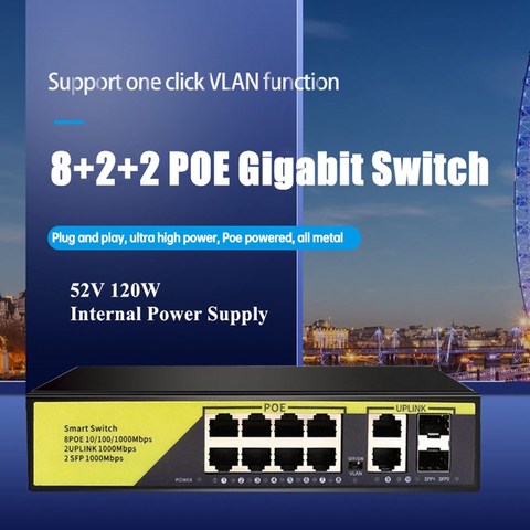 Commutateur POE Gigabit 52V, avec 8 ports POE + 2 plinthes + 2 SFP IEEE 802.3 af/at 1G, adapté aux caméras IP/sans fil AP/POE ► Photo 1/6