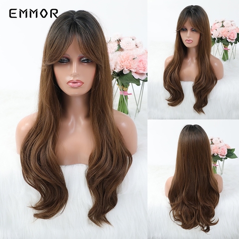 EMMOR-perruque longue ondulée naturelle avec frange marron foncé, coiffure pour Cosplay résistante à la chaleur, cheveux synthétiques quotidiens pour femmes noires et blanches ► Photo 1/6