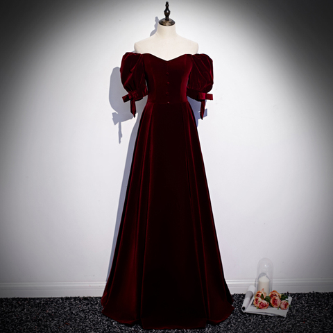 Robe de soirée en velours rouge vin, grande taille, à lacets, ligne a, longueur au sol, demi-manches, col bateau, robe formelle de soirée, R1250 ► Photo 1/6