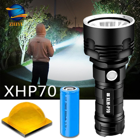Lampe de poche très puissante XHP70 à lumière LED, torche tactique d'extérieur, Rechargeable par USB, étanche, lanterne Ultra lumineuse, XM-L2 ► Photo 1/6