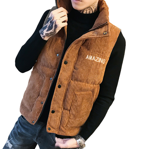 Gilet en velours côtelé épais pour homme, gilet d'hiver, col montant, sans manches, slim, pour jeune homme ► Photo 1/6