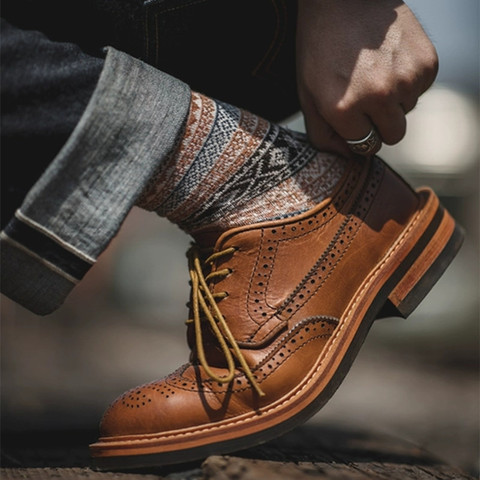 Yomior – bottines en cuir véritable à bout rond pour hommes, chaussures Vintage décontractées faites à la main, bottines de moto, Brogue de mariage ► Photo 1/6