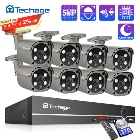 Techage système de caméra de sécurité 8CH 5MP HD POE NVR Kit CCTV deux voies Audio AI visage détecter la Surveillance vidéo extérieure ensemble de caméras IP ► Photo 1/6