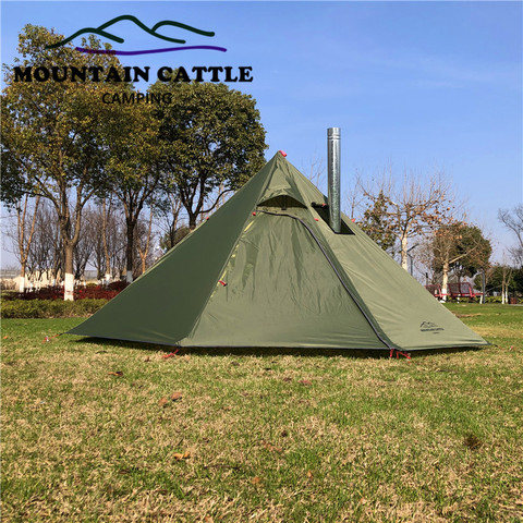 Camping ultra-léger tipi 3-4 personne grande pyramide tente sac à dos tente avec cheminée trou auvents abri pour l'observation des oiseaux cuisine ► Photo 1/6