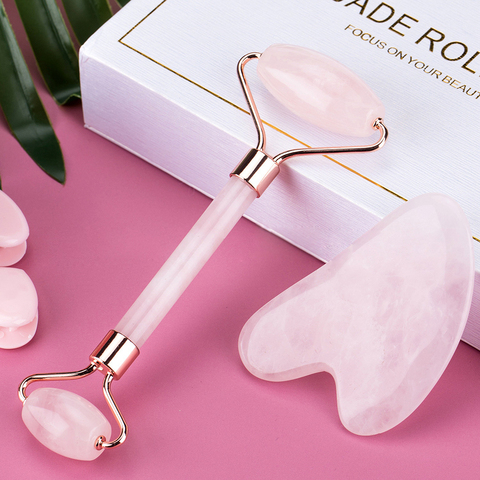 Rouleau de Massage du visage en Jade, Quartz Rose, pierre naturelle, cristal, amincissant, enlève les rides, Double menton, outils de soins de beauté ► Photo 1/6