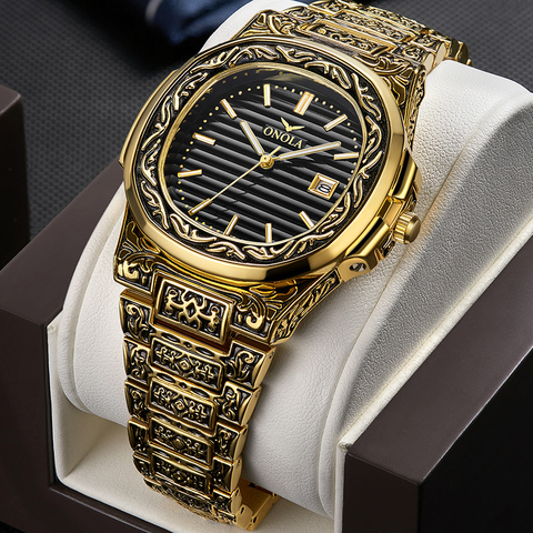 ONOLA – montre à Quartz rétro pour hommes, Top de luxe, montre-bracelet étanche, mode décontractée, doré classique, calendrier, horloge étanche ► Photo 1/6