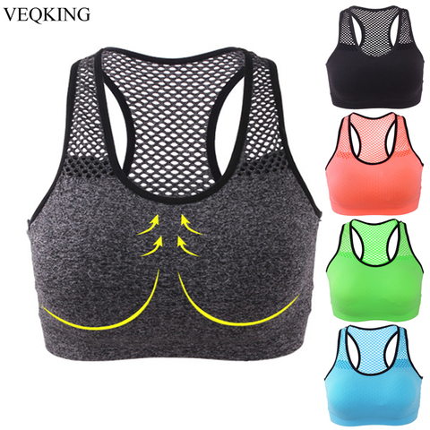 VEQKING respirant maille sport soutien-gorge, femmes haut de sport rembourré sans fil extensible, gilet de Fitness sans couture absorber la sueur Yoga soutien-gorge ► Photo 1/6