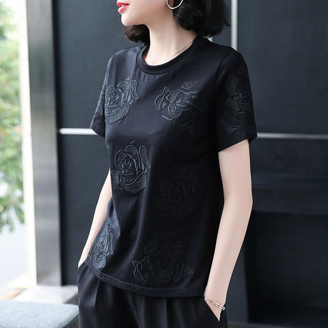 T-shirt à manches courtes pour femme, t-shirt noir en coton, de haute qualité, broderie de Rose grande taille, hauts pour été décontracté ► Photo 1/5