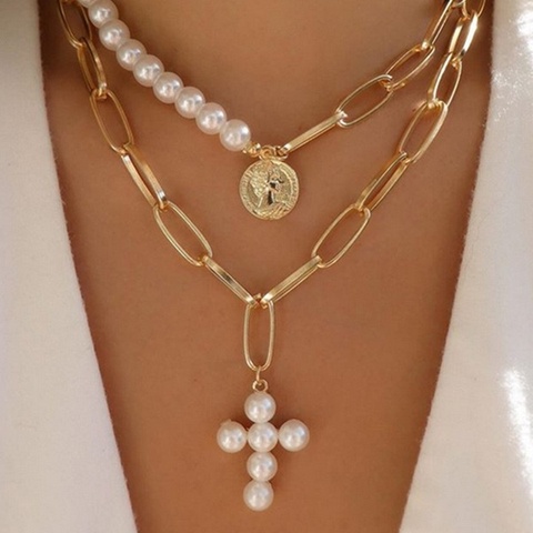 Collier croix chaîne de perles ► Photo 1/6