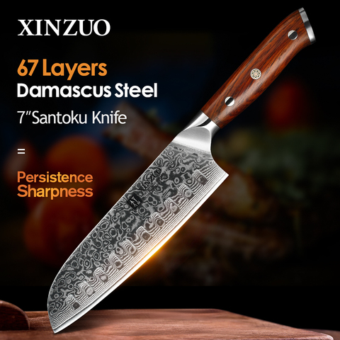 XINZUO couteaux de cuisine Santoku 7 pouces 67 couches, couteau de Chef en acier damas manche en bois de rose pour la viande, les fruits et légumes ► Photo 1/6