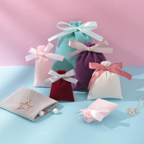Sac cadeau en velours 50 rubans, emballage de bijoux, pochette à cordon personnalisé, rouge à lèvres, cils, maquillage, fête de mariage, fournitures d'emballage ► Photo 1/6