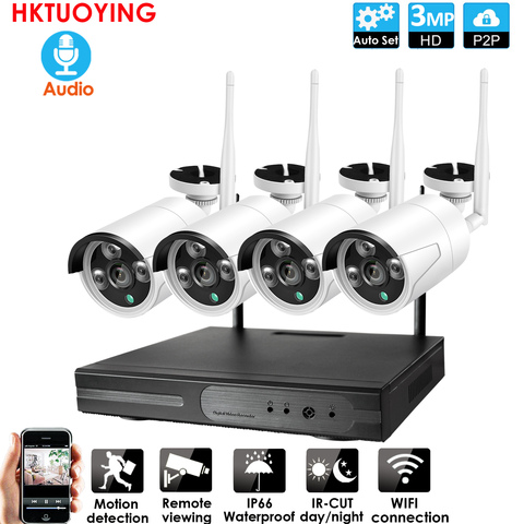 Système de sécurité à Vision nocturne IR, 8 canaux, Audio HD, sans fil, Kit NVR P2P, 3 MP, intérieur et extérieur, caméra IP, 4 ps3.0 MP, WIFI ► Photo 1/6