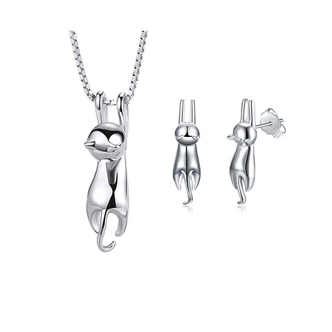 Parure de bijoux en argent Sterling 925 pour femme, collier et boucles d'oreilles, élégants, en forme de chat mignon, pour mariée ► Photo 1/6