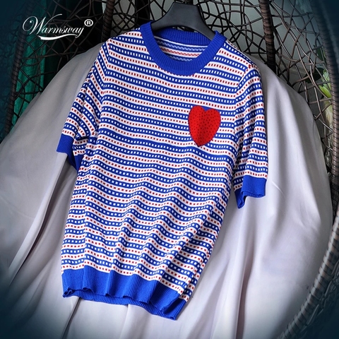 Haut tricoté de marque de concepteur de luxe pour les femmes O cou forage chaud rouge amour rayé tricoté t-shirts noir bleu B-090 ► Photo 1/6