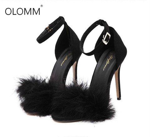 Mode 11cm talons Designers chaussures d'été femmes Stiletto Sandalen bout ouvert Fluff Strappy mince talons hauts à lacets sandales en fourrure ► Photo 1/6