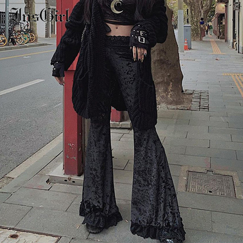 InsGirl Harajuku Punk gothique Flare pantalon femmes Grunge rue Vintage centre commercial Goth dentelle Patchwork évider noir foncé velours pantalon ► Photo 1/6