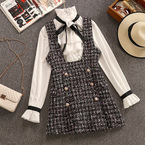 2022 automne hiver 2 pièces ensemble salopette robe femmes élégant volants en mousseline de soie Bow petit haut + Double boutonnage Plaid Tweed gilet robe ► Photo 1/6