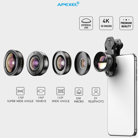 APEXEL 5in1 lentille de téléphone portable étui photographie HD Fisheye Super grand Angle 4K Macro télescope ensemble d'objectif avec filtre étoile CPL ► Photo 1/6