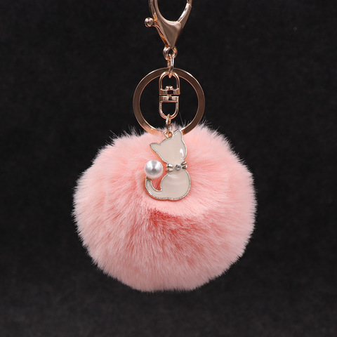 Porte-clés pompon en fourrure de lapin artificielle, mignon, pendentif chaton, sac à main pelucheux pour femmes ► Photo 1/6