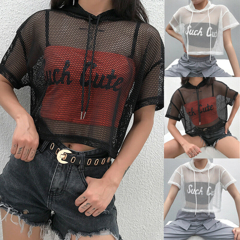 Femmes maille creuse Net à capuche T-Shirt à manches courtes T-Shirt hauts Transparent noir Swxy Clubwear fête ► Photo 1/6