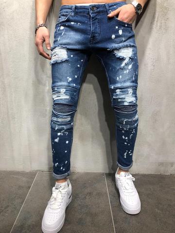 Jean pour hommes 2022 dégradé couleur déchiré blanc points jean Homme moteur Biker slim jean Homme vêtements pour hommes fermeture éclair Denim pantalon ► Photo 1/6