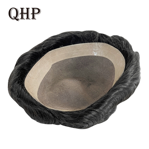 QHP MONO + NPU hommes toupet Remy indien système de remplacement de cheveux 8x10 pouces à la main humaine postiches durables perruque pour hommes ► Photo 1/6