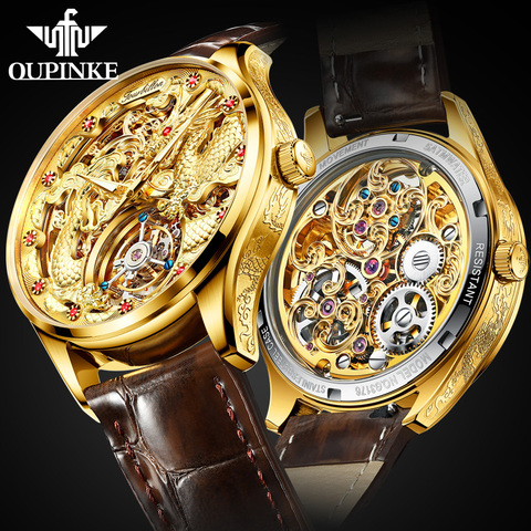 OUPINKE Tourbillon montres marque hommes montres mécaniques squelette en cuir hommes montres de luxe affaires horloge saphir étanche ► Photo 1/6